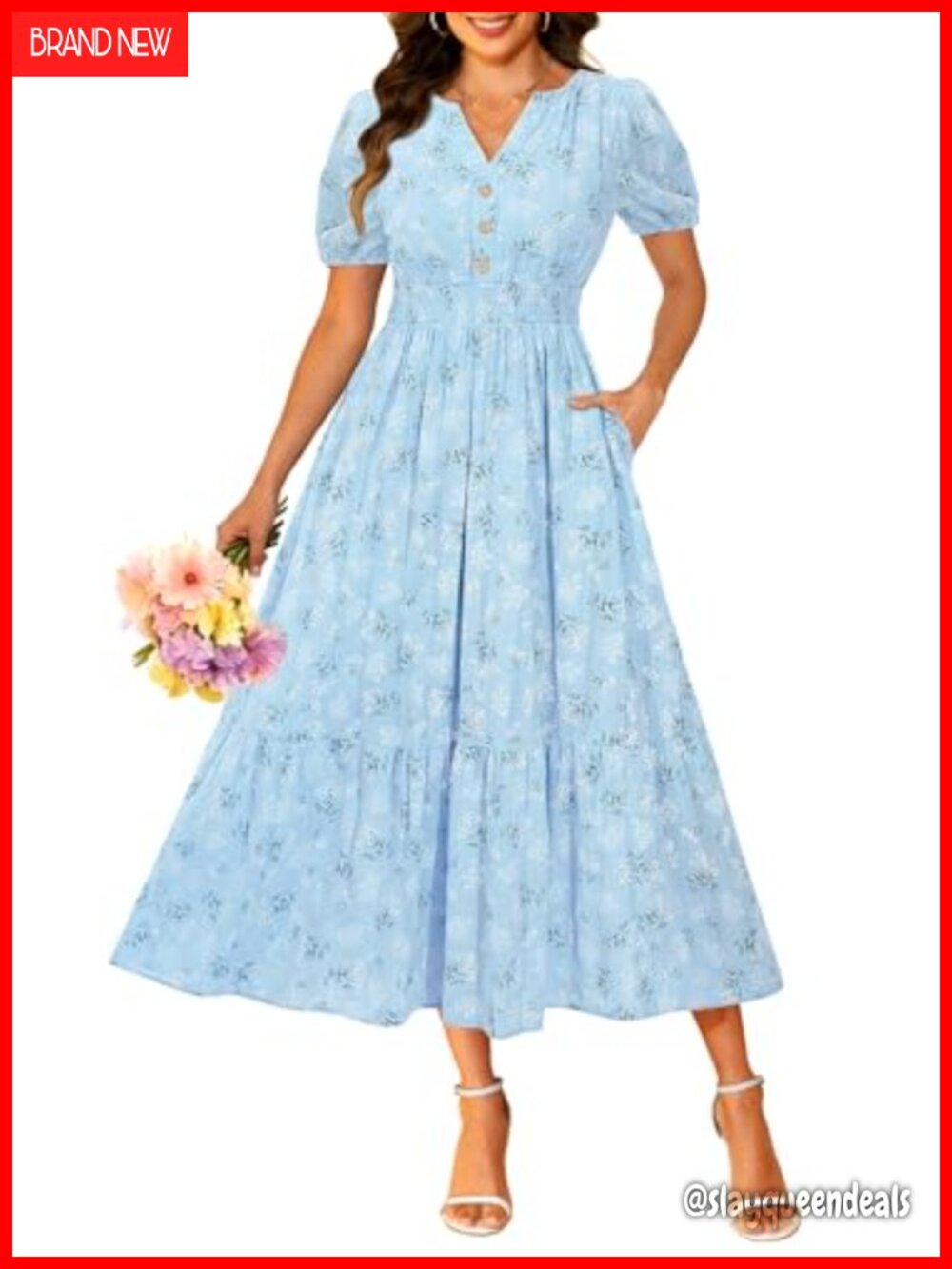 Womens 100% Cotton Maxi Dress Puff Sleeve V Neck Smocked A-Line Wedding Guest